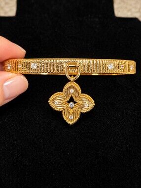 22kgp Dubai Jewelry Gold Tone Floral Charm Bangle Bracelet - Women Accessories